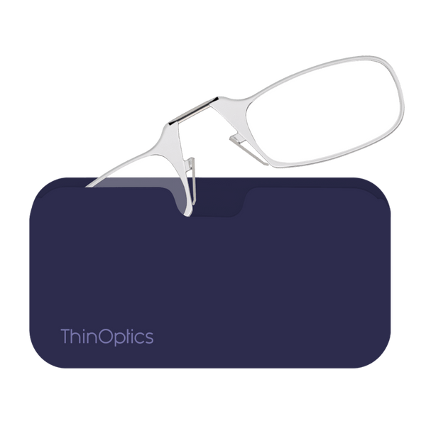 ThinOptics reading glasses rest on a slim navy case.