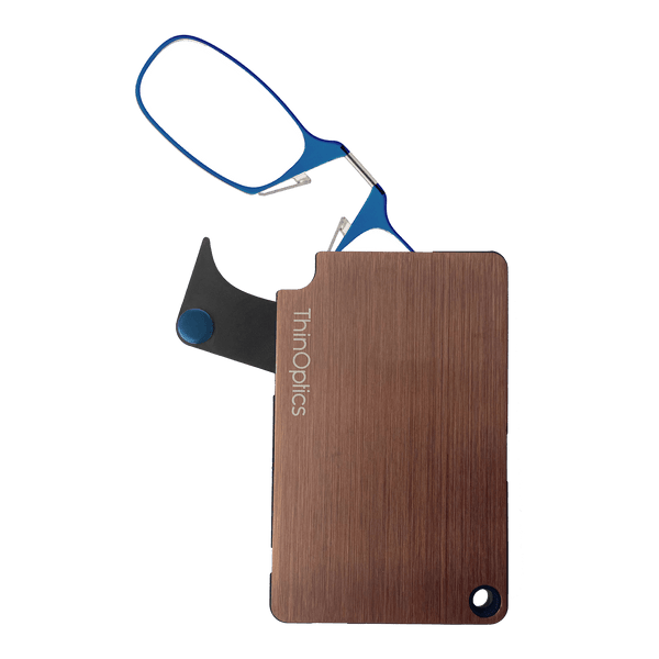 The ThinOptics Blue Readers + Rose Gold Flashcard Wallet is a revolutionary advancement in the consolidation of your essentials, bringing together your credit cards, cash, identification, and reading glasses in a durable and compact case that'll go everywhere with you.
Made from brushed stainless steel with PVD coating for increased impact strength and excellent abrasion resistance, the ThinOptics Readers + Black Flashcard Wallet looks great and securely holds everything you need.