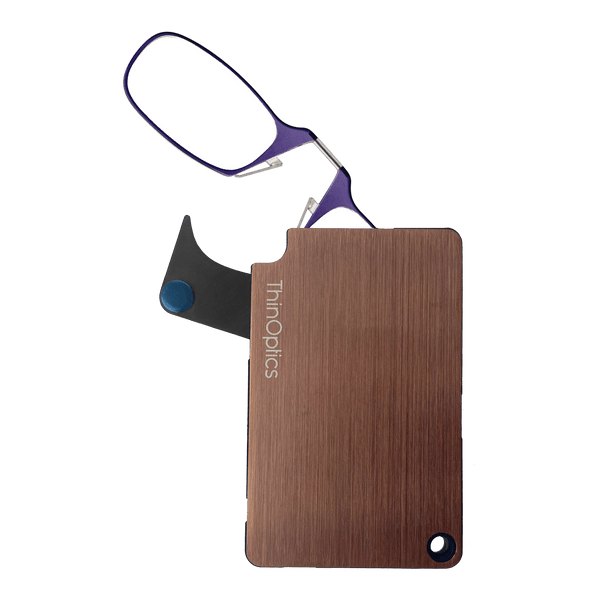 The ThinOptics Purple Readers + Rose Gold Flashcard Wallet is a revolutionary advancement in the consolidation of your essentials, bringing together your credit cards, cash, identification, and reading glasses in a durable and compact case that'll go everywhere with you.
Made from brushed stainless steel with PVD coating for increased impact strength and excellent abrasion resistance, the ThinOptics Readers + Black Flashcard Wallet looks great and securely holds everything you need.