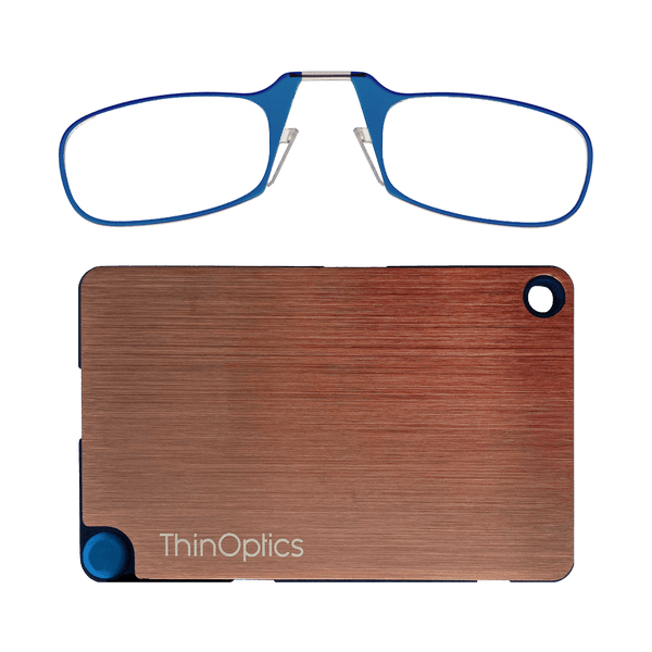 The ThinOptics Blue Readers + Rose Gold Flashcard Wallet is a revolutionary advancement in the consolidation of your essentials, bringing together your credit cards, cash, identification, and reading glasses in a durable and compact case that'll go everywhere with you.
Made from brushed stainless steel with PVD coating for increased impact strength and excellent abrasion resistance, the ThinOptics Readers + Black Flashcard Wallet looks great and securely holds everything you need.