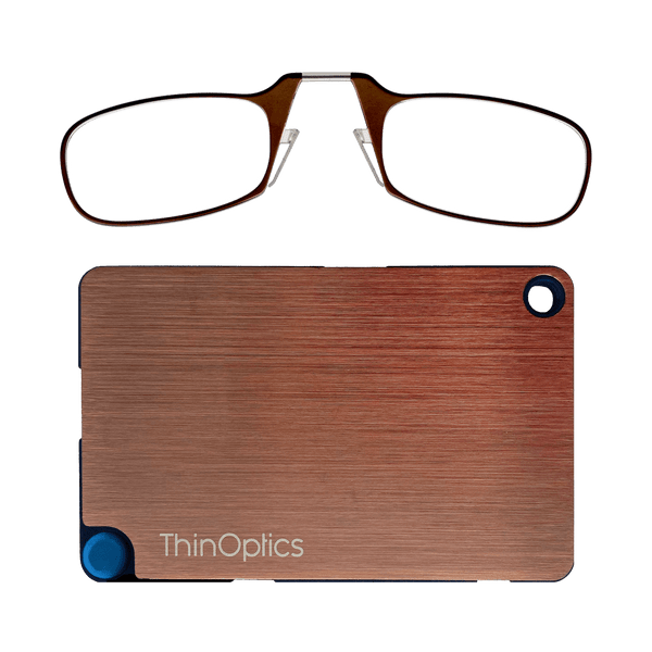 The ThinOptics Brown Readers + Rose Gold Flashcard Wallet is a revolutionary advancement in the consolidation of your essentials, bringing together your credit cards, cash, identification, and reading glasses in a durable and compact case that'll go everywhere with you.
Made from brushed stainless steel with PVD coating for increased impact strength and excellent abrasion resistance, the ThinOptics Readers + Black Flashcard Wallet looks great and securely holds everything you need.