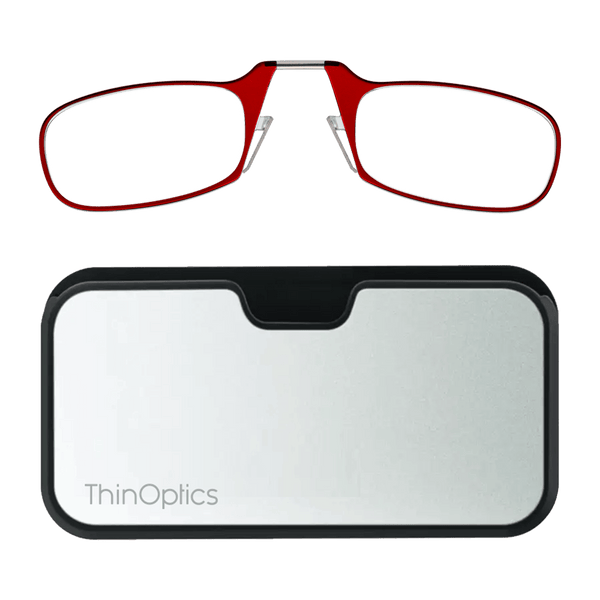 Red ThinOptics reading glasses with a silver case.