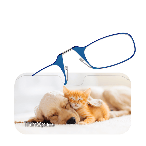 Blue ThinOptics reading glasses rest on a picture of a sleeping golden retriever puppy and kitten.