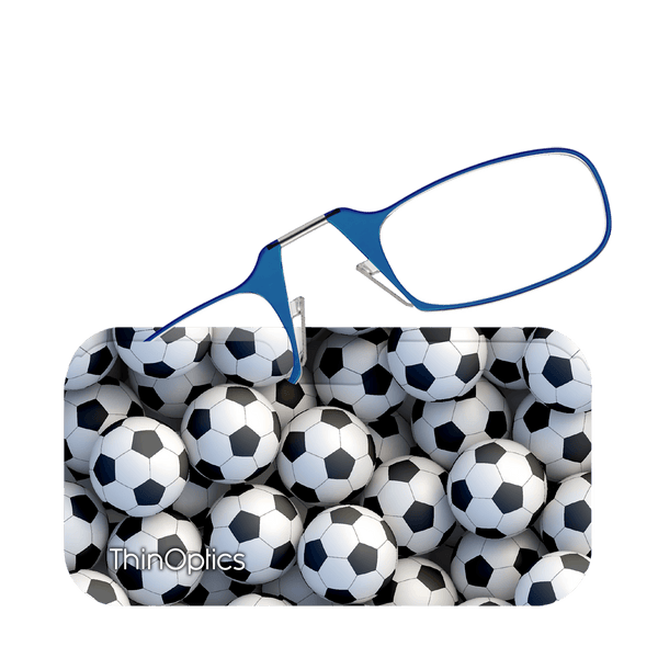 Blue ThinOptics reading glasses rest on a case featuring a close-up pattern of classic black and white soccer balls.