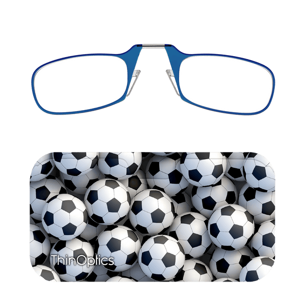 Blue ThinOptics reading glasses rest on a soccer ball-themed carrying case.