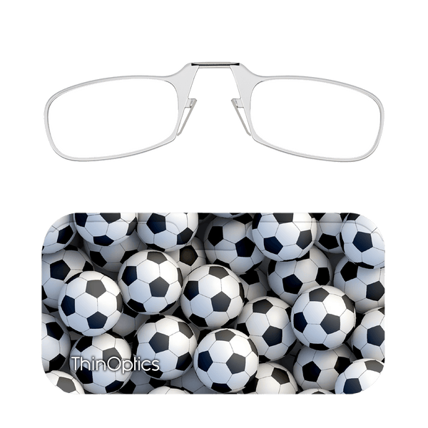 Silver ThinOptics reading glasses folded on a soccer ball patterned case.
