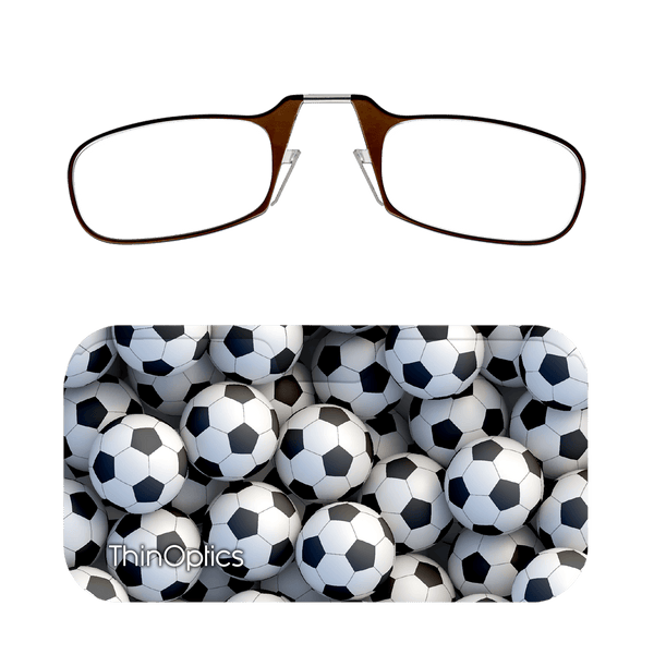 Brown ThinOptics reading glasses with a soccer ball pattern case.