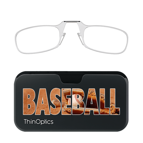 Silver ThinOptics reading glasses rest on a black case featuring the word "BASEBALL" overlaid on an image of a glove and baseball on a dirt field.