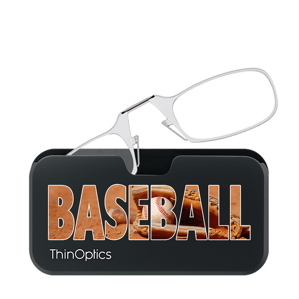 Silver ThinOptics reading glasses rest on a black case featuring a baseball glove and the word "BASEBALL."