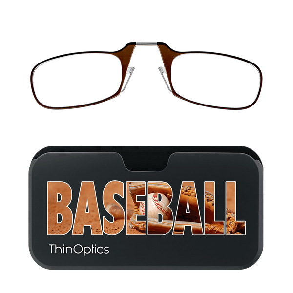 Brown ThinOptics reading glasses rest on a black case featuring a baseball glove and the word "BASEBALL".