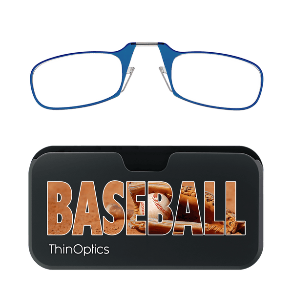 Blue ThinOptics reading glasses rest on a black case featuring the word "BASEBALL" overlaid on a baseball mitt and ball.