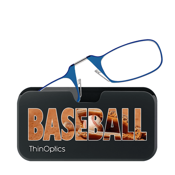 Blue ThinOptics reading glasses rest on a black case featuring a baseball glove and the word "BASEBALL" across a dirt field.