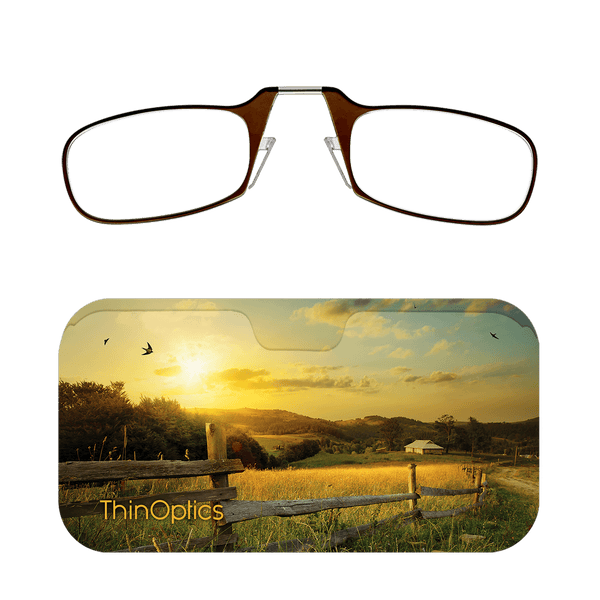 Brown ThinOptics reading glasses folded on a scenic sunset case.