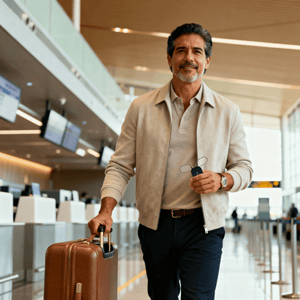 Male traveler holding ThinOptics Readers + Keychain while walking through an airport.