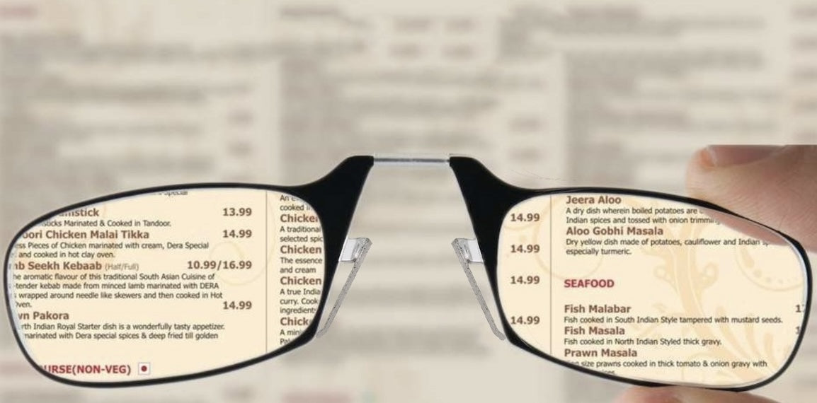 A pair of Readers glasses focusing on a blurry menu.