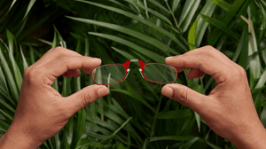ThinOptics Armless Readers being held by two hands against palm trees.