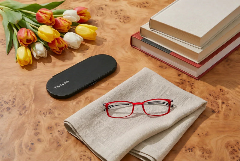 Red ThinOptics reading glasses rest beside a slim protective case, stacked books, and pink tulips on a wooden table. The portable readers are displayed in a compact setup for everyday use.