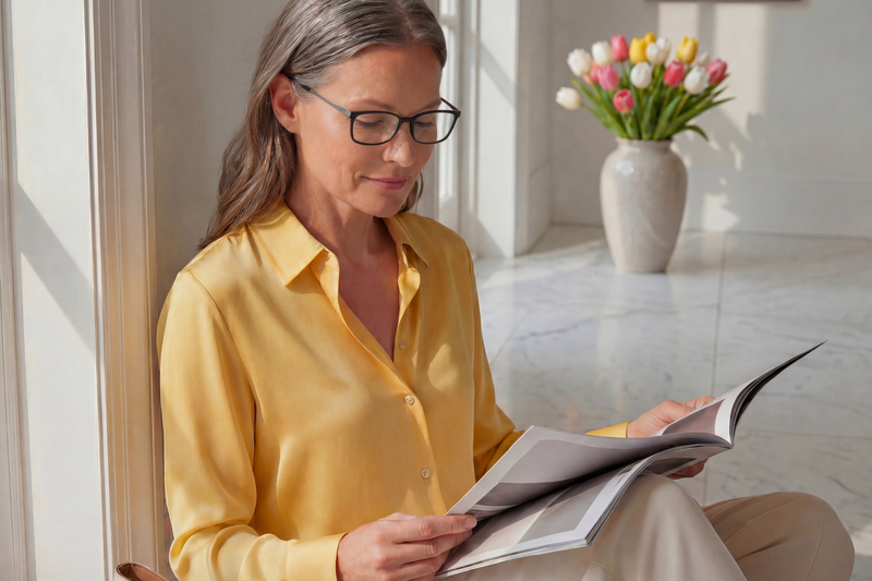 Woman wearing black ThinOptics reading glasses while reading a magazine in a bright, sunlit living room.