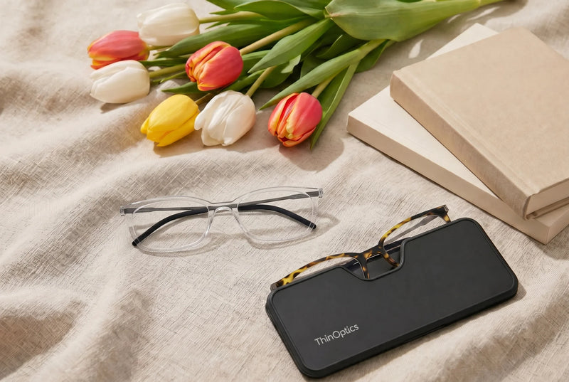  Clear and tortoiseshell ThinOptics glasses rest beside a black case, books, and colorful tulips.