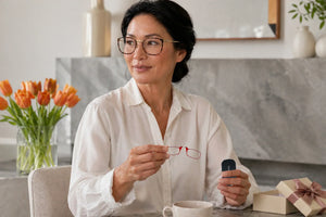 Woman wearing ThinOptics prescription glasses holds slim red reading glasses and a compact carrying case next to a gift box.