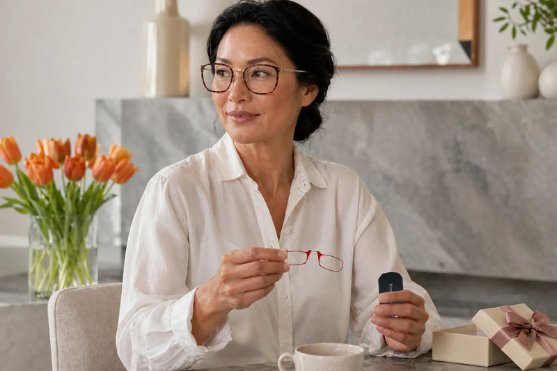 Woman wearing ThinOptics prescription glasses holds slim red reading glasses and a compact carrying case next to a gift box.