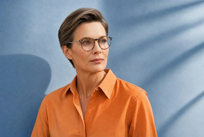 Woman wearing tortoiseshell ThinOptics glasses and an orange shirt stands against a sunlit blue wall.