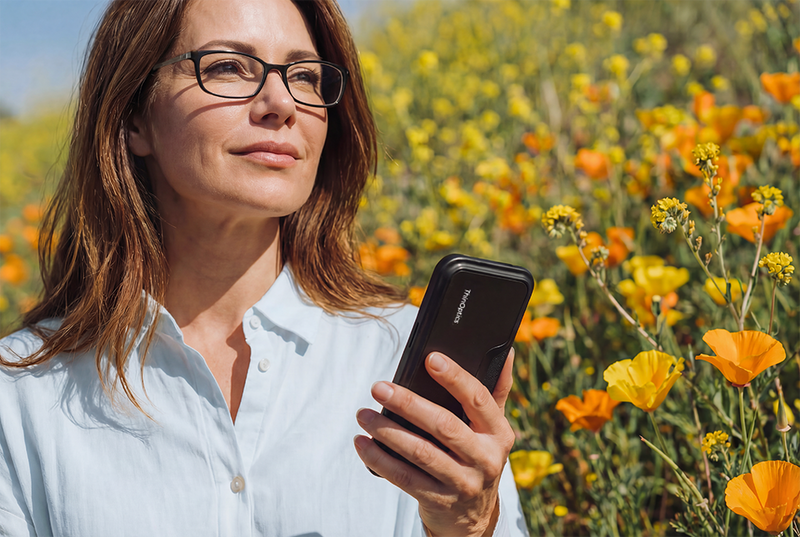 Woman holding a ThinOptics phone case while wearing black readers in a wildflower field.