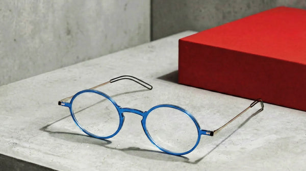 ThinOptics round reading glasses with blue frames and slim metal temples resting on a concrete surface, with a red box in the background