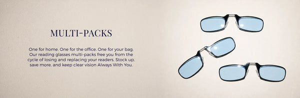 ThinOptics Multi-Packs banner featuring three Moment blue light blocking armless readers arranged on a cream background