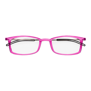 A pair of vibrant pink reading glasses with thin, black temples sits against a black background. 
