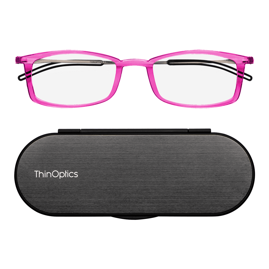 ThinOptics Brooklyn reading glasses with pink Milano case