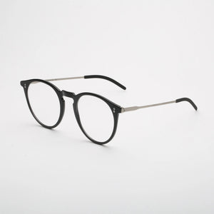 ThinOptics Los Altos black round prescription glasses with slim silver temples, three-quarter angle view on white background