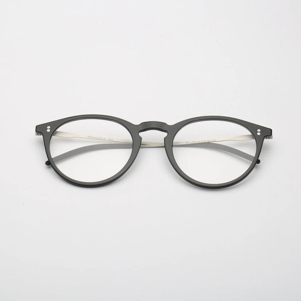 ThinOptics Los Altos black round prescription glasses with silver temples, front view laying flat on white background
