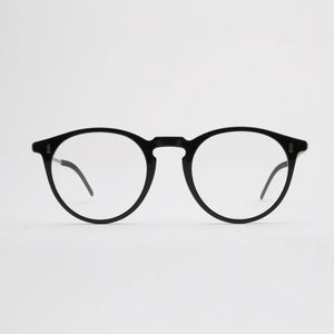 ThinOptics Los Altos black round prescription glasses with silver temples, front view standing upright on white background