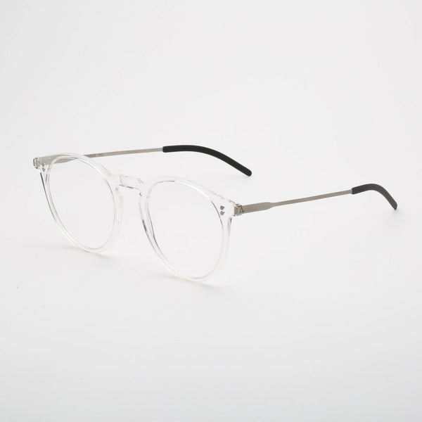 ThinOptics Los Altos clear round prescription glasses with silver temples, three-quarter angle view on white background