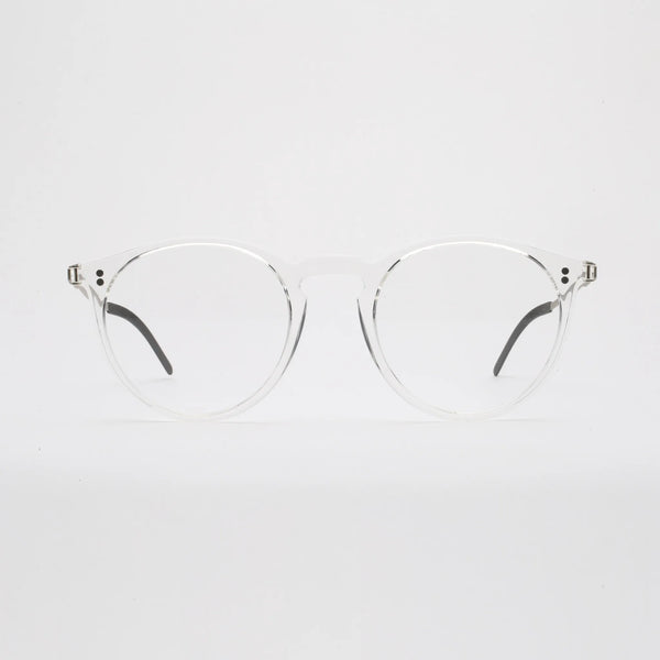 ThinOptics Los Altos clear round prescription glasses with silver temples, front view standing upright on white background