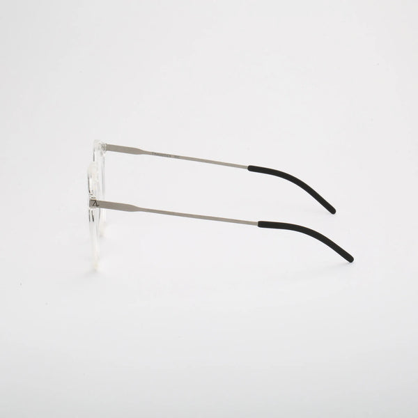 ThinOptics Los Altos clear round prescription glasses with slim silver temples, left side view on white background