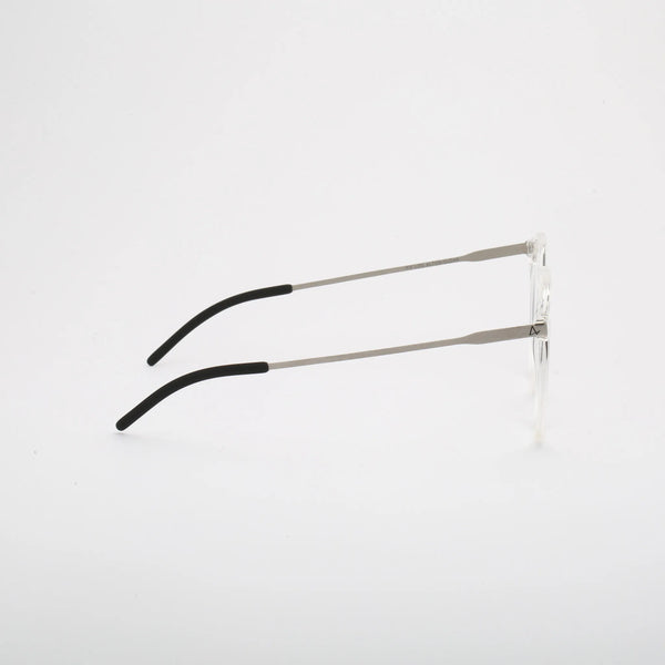 ThinOptics Los Altos clear round prescription glasses with slim silver temples, right side view on white background