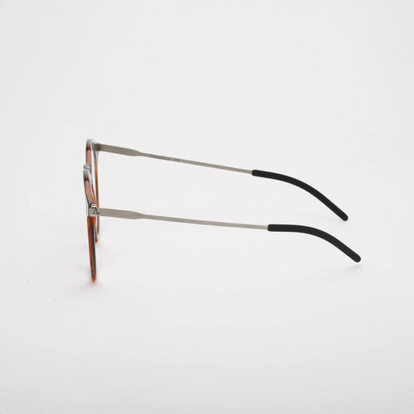 ThinOptics Los Altos tortoiseshell round prescription glasses with slim silver temples, left side view on white background