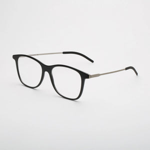 ThinOptics Menlo Park black rectangular prescription glasses with silver temples, three-quarter angle view on white background