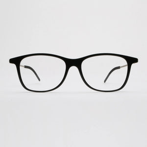 ThinOptics Menlo Park black rectangular prescription glasses with silver temples, front view standing upright on white background