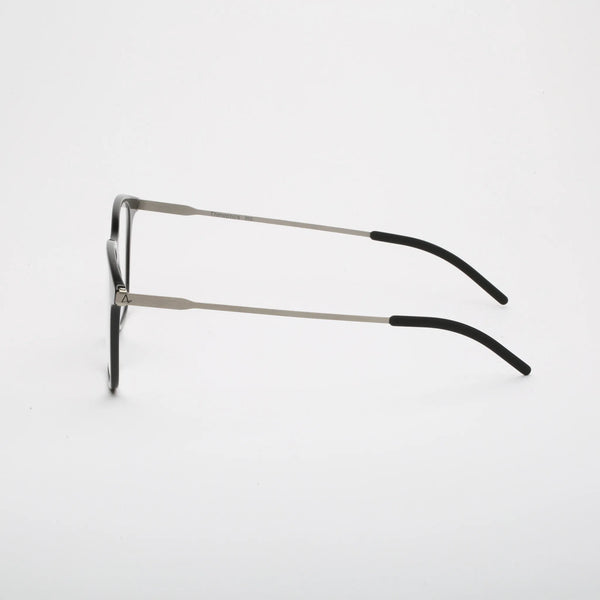 ThinOptics Menlo Park black rectangular prescription glasses with slim silver temples, left side view on white background