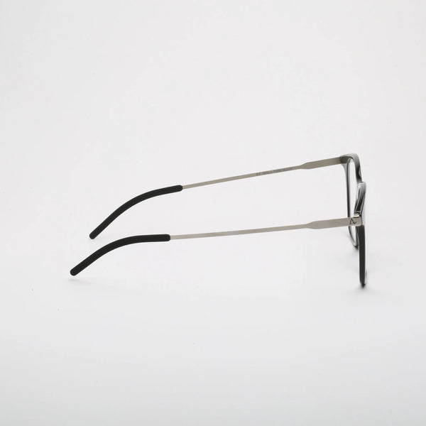 ThinOptics Menlo Park black rectangular prescription glasses with slim silver temples, right side view on white background