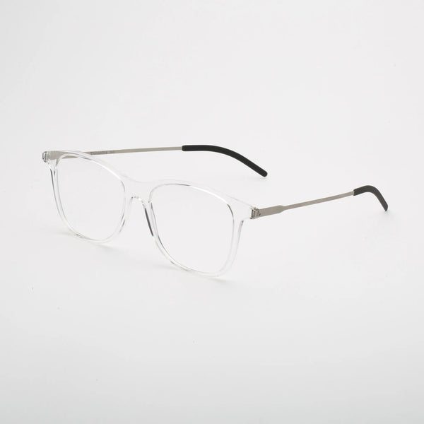 ThinOptics Menlo Park clear rectangular prescription glasses with silver temples, three-quarter angle view on white background
