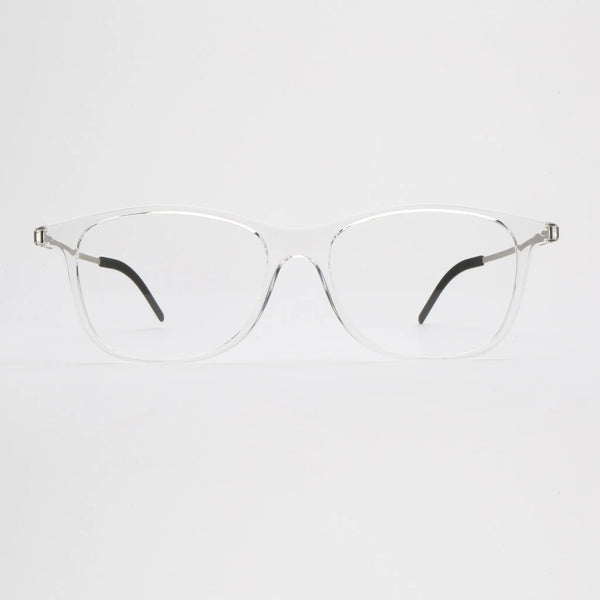 ThinOptics Menlo Park clear rectangular prescription glasses with silver temples, front view standing upright on white background