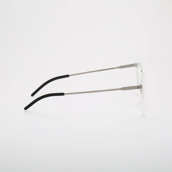 ThinOptics Menlo Park clear rectangular prescription glasses with slim silver temples, right side view on white background