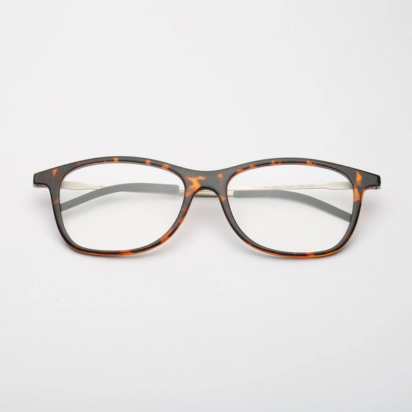 ThinOptics Menlo Park tortoiseshell rectangular prescription glasses with silver temples, front view laying flat on white background
