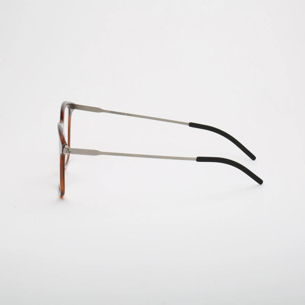 ThinOptics Menlo Park tortoiseshell rectangular prescription glasses with slim silver temples, left side view on white background