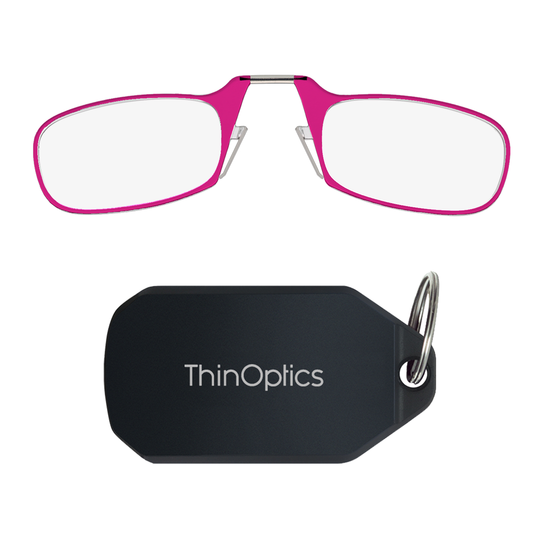 ThinOptics reading glasses with black keychain case and pink readers