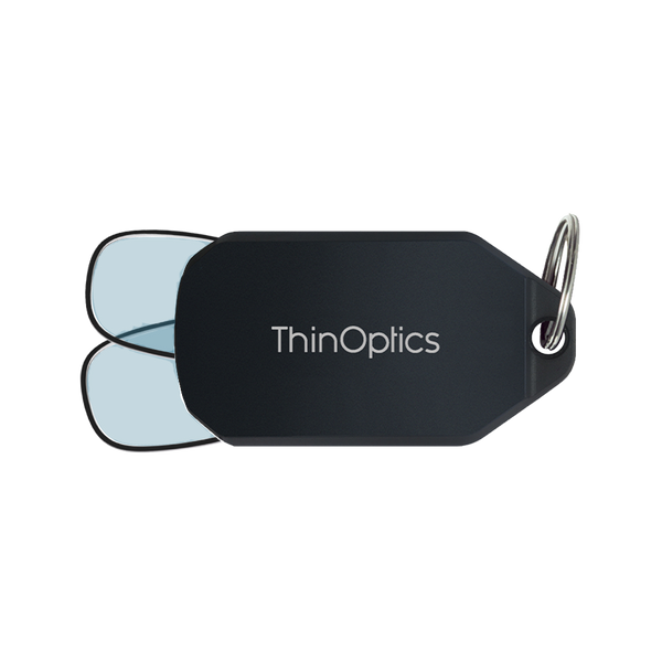 black Moment blue light blockers with black keychain